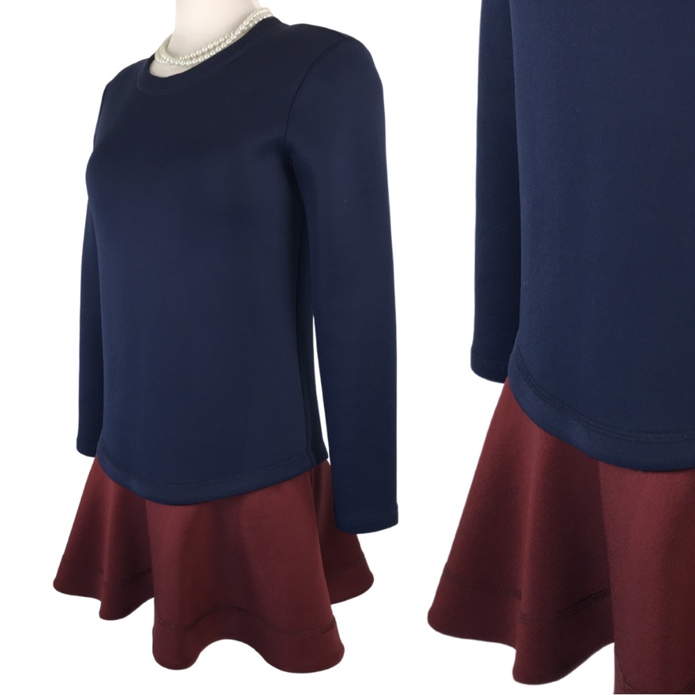 BCBGMaxazria Genesa Flounce Hem Navy Burgundy Color block Mini Dress size Small - Picture 3 of 15